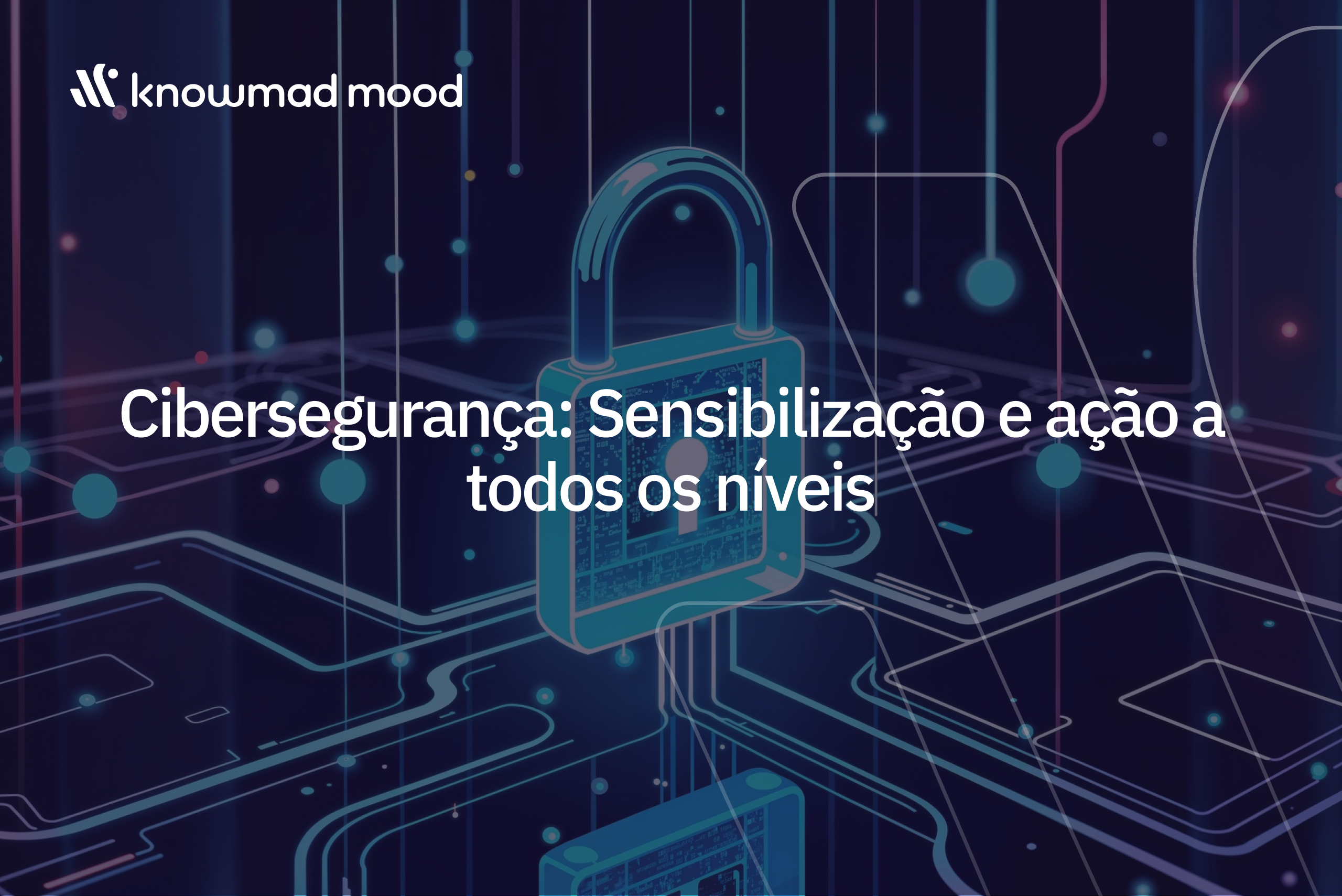Ilustração digital com cadeado sobreposto a circuitos e dispositivos conectados, simbolizando cibersegurança e proteção de dados.