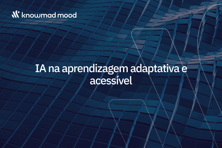 Imagem com o logótipo da knowmad mood e o título "IA na aprendizagem adaptativa e acessível", sobre fundo azul abstrato de formas geométricas, simbolizando tecnologia inclusiva e inovação educacional.