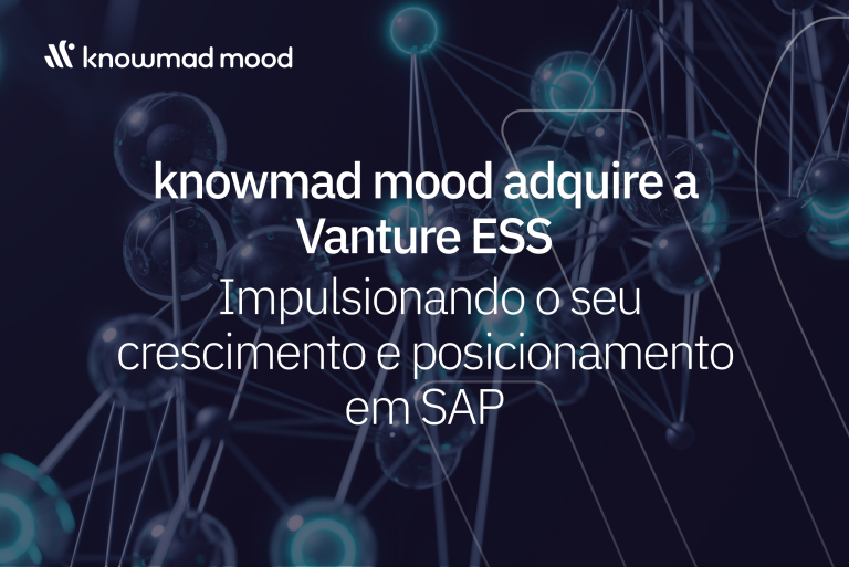Anúncio da aquisição da Vanture ESS pela knowmad mood: texto sobre fundo abstrato com conexões tecnológicas, destacando crescimento e fortalecimento em SAP.